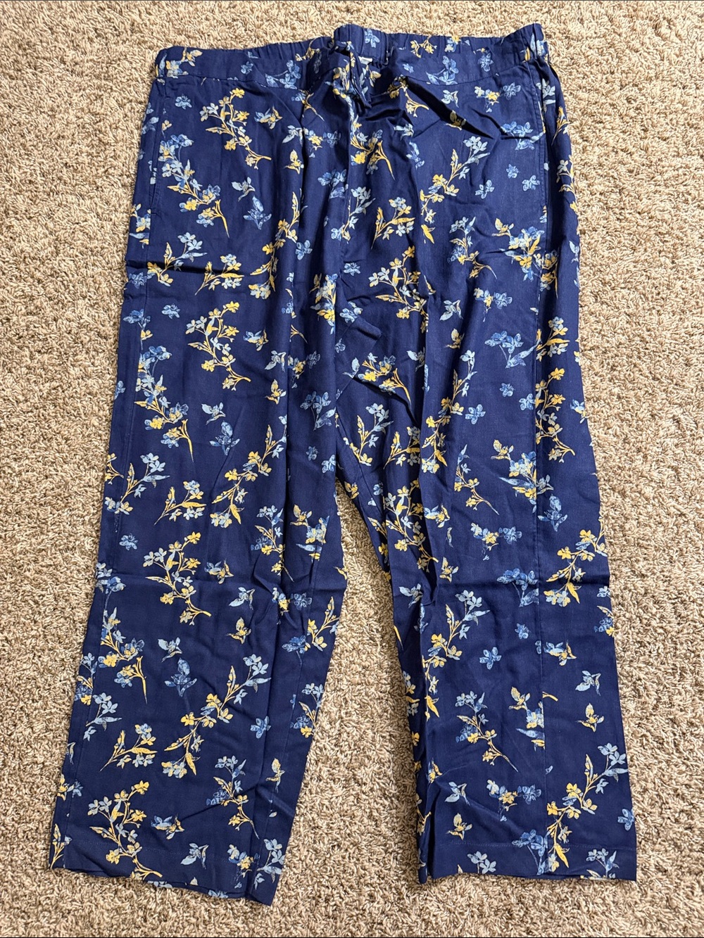 Coldwater Creek Navy Floral Wide-Leg Pants with Yellow & Light Blue Sprigs